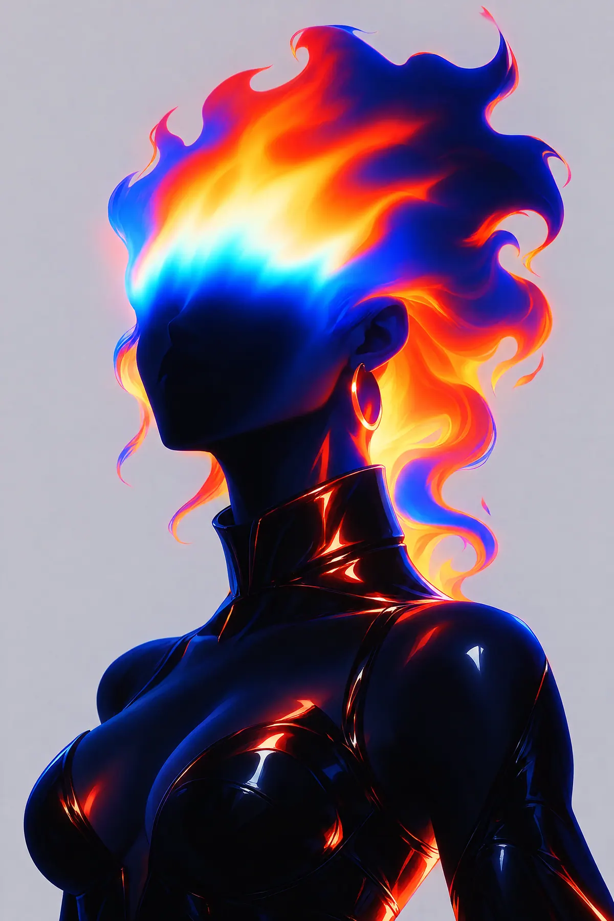 Buste noir laqué dont la tête est remplacée par une flamme bleue et orange.