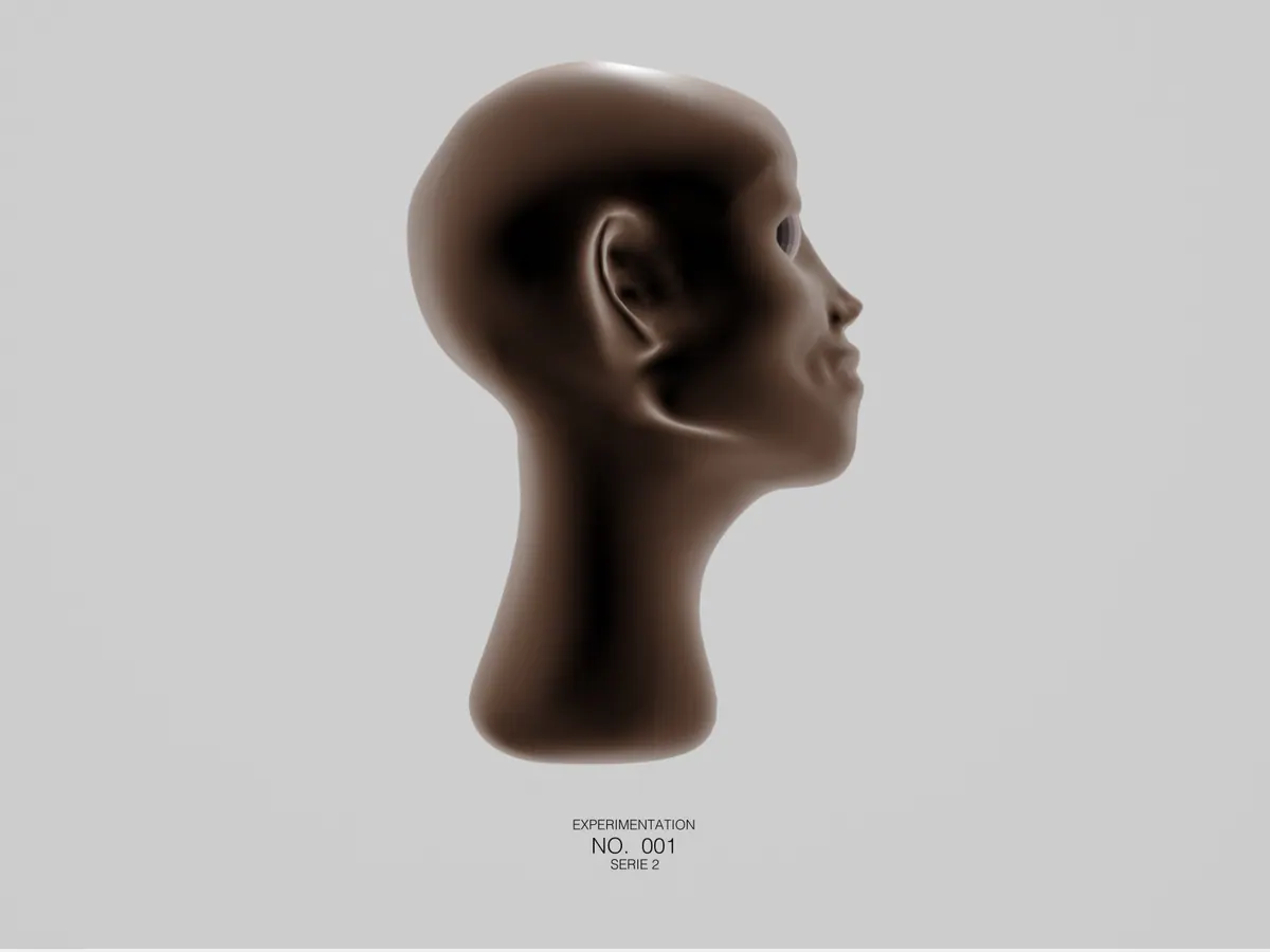 Expérimentation n° 001 : une tête de mannequin sombre, de profil, sur fond gris.