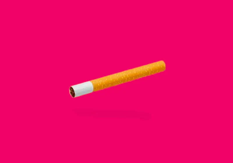 Une cigarette flotte seule sur un aplat rose vif.