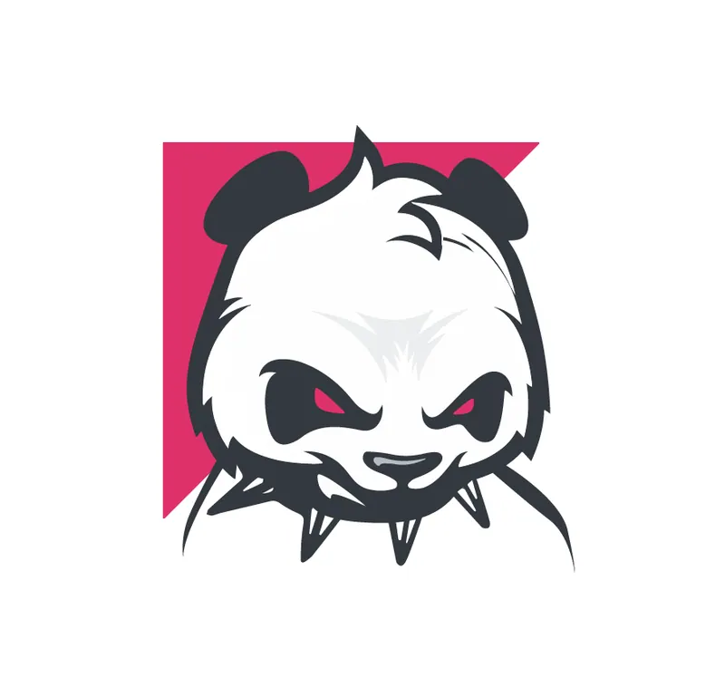 Illustration d'une tête de panda aux yeux rouges et aux crocs sortis, sur fond rose.