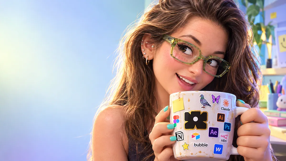 Une femme à lunettes vertes sourit derrière un grand mug couvert de stickers de logos d'outils de création.