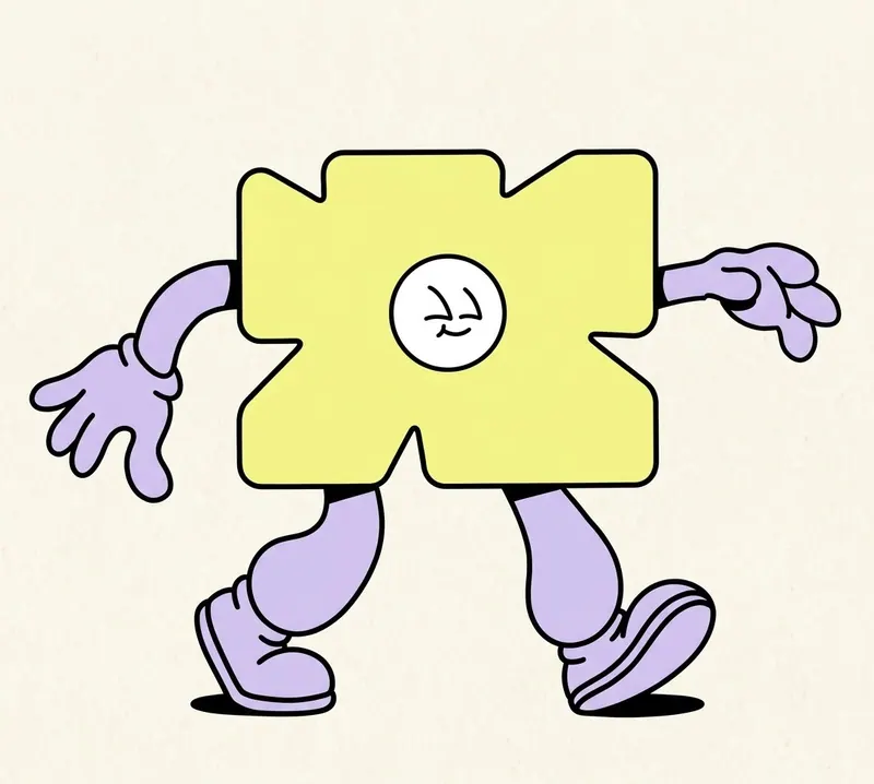 Mascotte illustrée : un logo jaune en croix arrondie, doté d'un visage souriant, de bras et de jambes violets.
